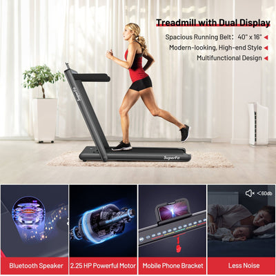 Electric Motorized Folding Treadmill with Dual Display-Black