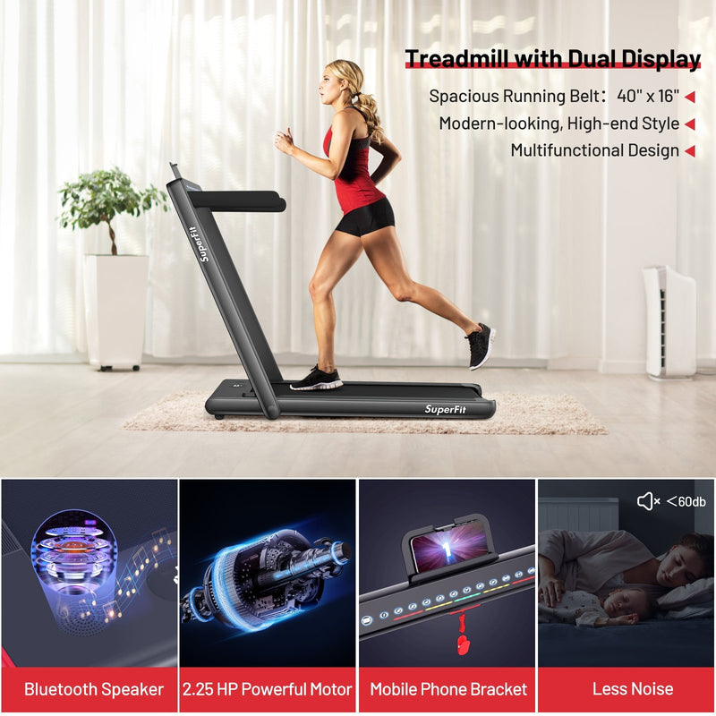Electric Motorized Folding Treadmill with Dual Display-Black