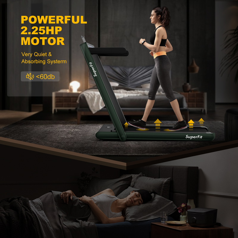 Electric Motorized Health and Fitness Folding Treadmill with Dual Display and Speaker-Green