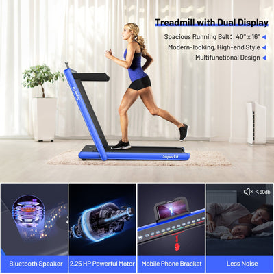 Electric Motorized Health and Fitness Folding Treadmill with Dual Display-Blue