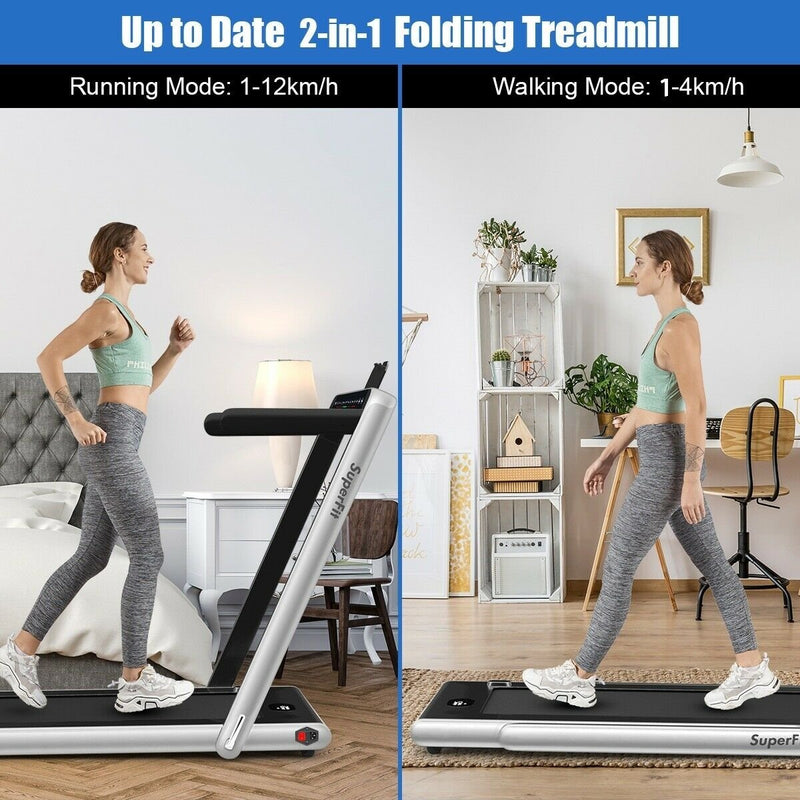 Electric Motorized Health and Fitness Folding Treadmill with Dual Display-Silver