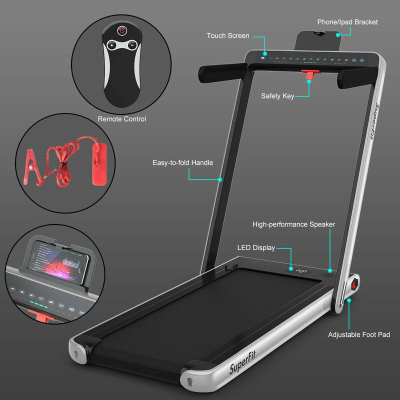 Electric Motorized Health and Fitness Folding Treadmill with Dual Display-Silver