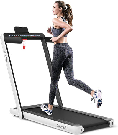 Electric Motorized Health and Fitness Folding Treadmill with Dual Display and Speaker-White