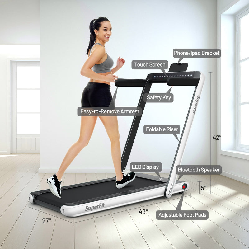 Electric Motorized Health and Fitness Folding Treadmill with Dual Display and Speaker-White