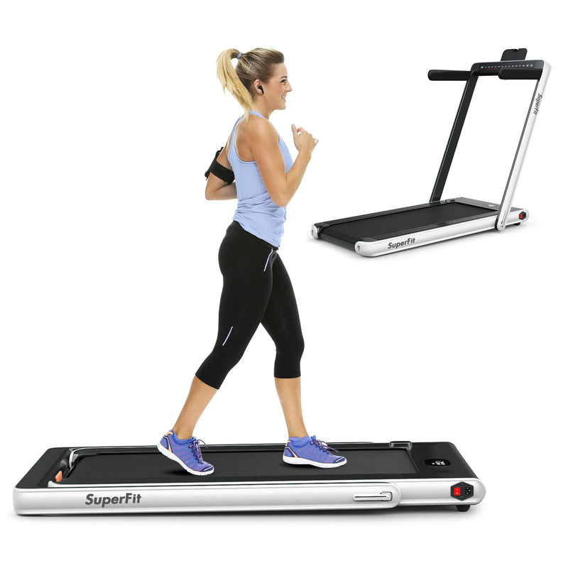 Electric Motorized Health and Fitness Folding Treadmill with Dual Display and Speaker-White