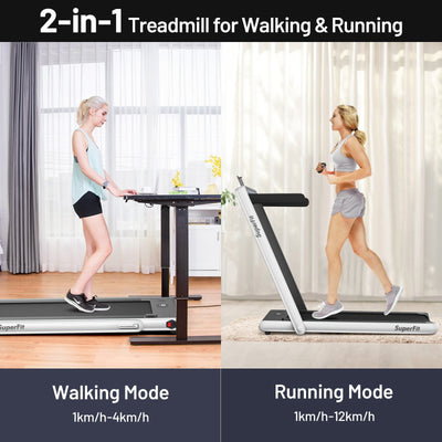 Electric Motorized Health and Fitness Folding Treadmill with Dual Display and Speaker-White