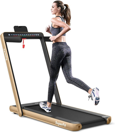 Electric Motorized Health and Fitness Folding Treadmill with Dual Display and Speaker-Yellow