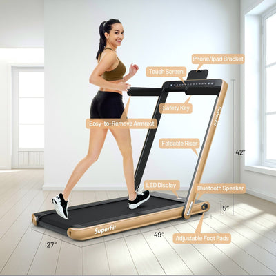 Electric Motorized Health and Fitness Folding Treadmill with Dual Display and Speaker-Yellow
