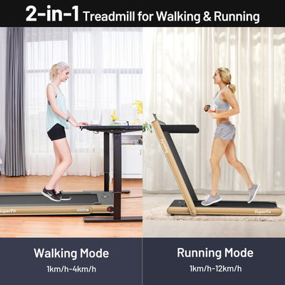 Electric Motorized Health and Fitness Folding Treadmill with Dual Display and Speaker-Yellow