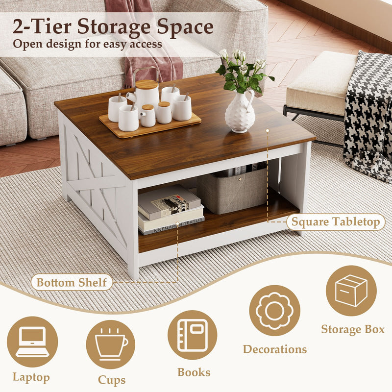 Farmhouse Coffee Table 31 Inch Square Coffee Table with Storage Shelf-White