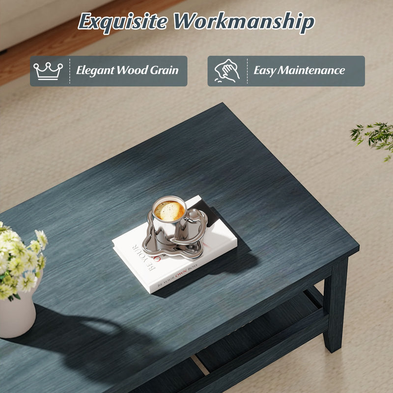 Farmhouse Coffee Table Rustic Cocktail Center Table with Thickened Tabletop-Blue