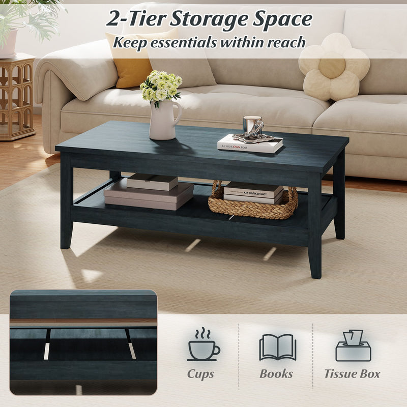 Farmhouse Coffee Table Rustic Cocktail Center Table with Thickened Tabletop-Blue