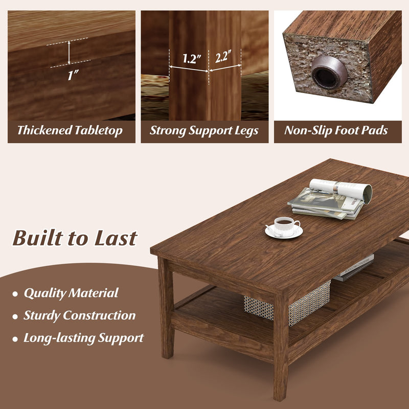 Farmhouse Coffee Table Rustic Cocktail Center Table with Thickened Tabletop-Walnue
