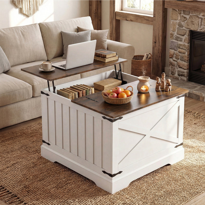Farmhouse Lift Top Coffee Table with Hidden Storage Compartment-Rustic