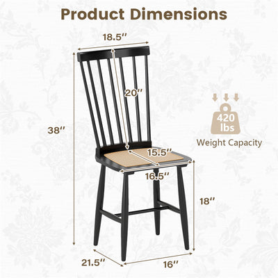 Farmhouse Solid Rubber Wood Dining Chairs Set of 2 with PE Rattan Seats-Black