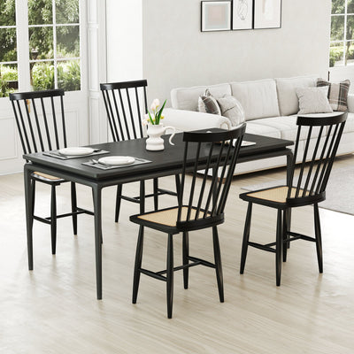 Farmhouse Solid Rubber Wood Dining Chairs Set of 2 with PE Rattan Seats-Black
