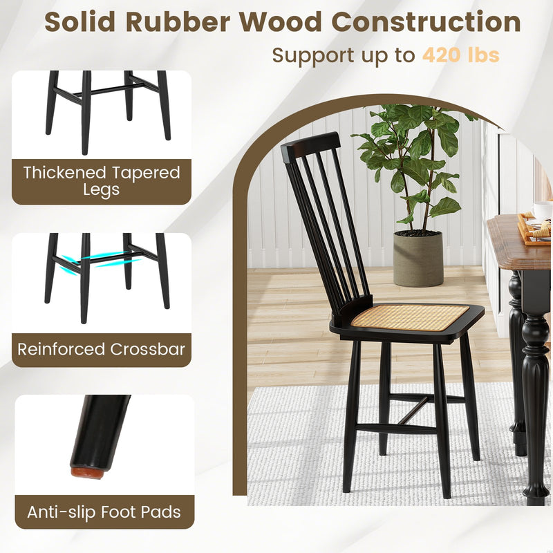 Farmhouse Solid Rubber Wood Dining Chairs Set of 2 with PE Rattan Seats-Black