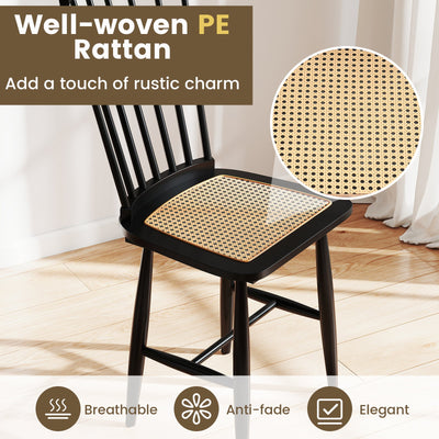 Farmhouse Solid Rubber Wood Dining Chairs Set of 2 with PE Rattan Seats-Black
