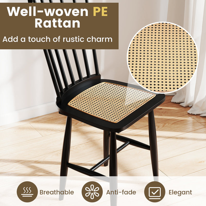 Farmhouse Solid Rubber Wood Dining Chairs Set of 2 with PE Rattan Seats-Black