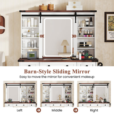 Farmhouse Vanity Desk with Barn-Style Sliding Mirror and 3 Lighting Modes-White