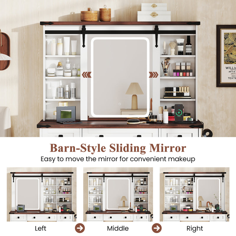 Farmhouse Vanity Desk with Barn-Style Sliding Mirror and 3 Lighting Modes-White