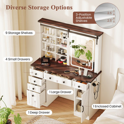 Farmhouse Vanity Desk with Barn-Style Sliding Mirror and 3 Lighting Modes-White