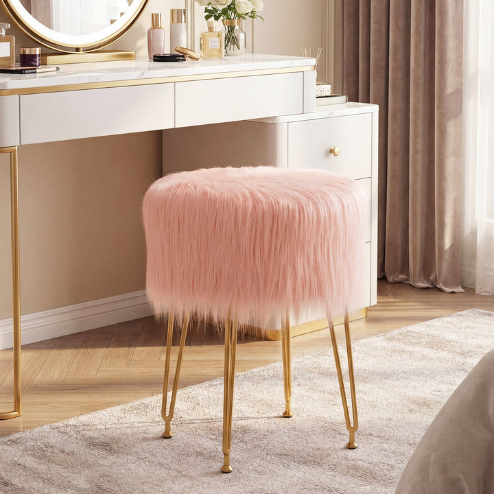 Faux Fur Vanity Stool Chair with Metal Legs for Bedroom and Living Roo