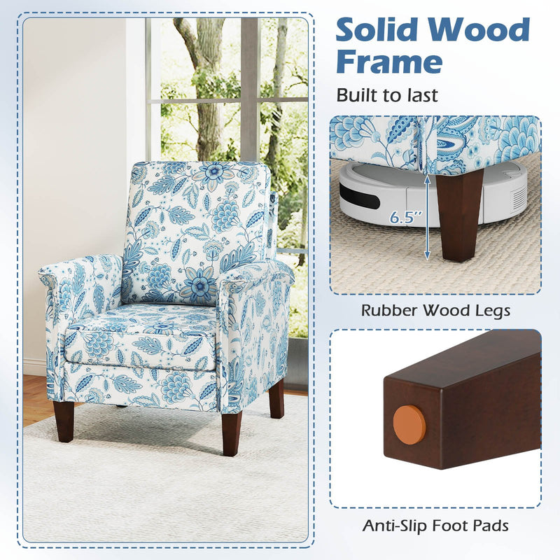 Floral Accent Chair Farmhouse Boho Armchair with Solid Wood Legs and High Back-Blue