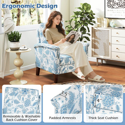 Floral Accent Chair Farmhouse Boho Armchair with Solid Wood Legs and High Back-Blue