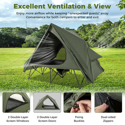 Foldable 2-Person Camping Cot Tent with Pop-up Tent Shelter and Portable Wheeled Bag-Green