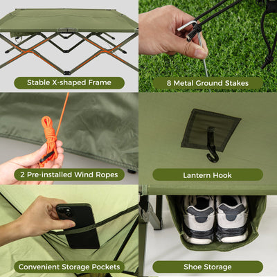 Foldable 2-Person Camping Cot Tent with Pop-up Tent Shelter and Portable Wheeled Bag-Green