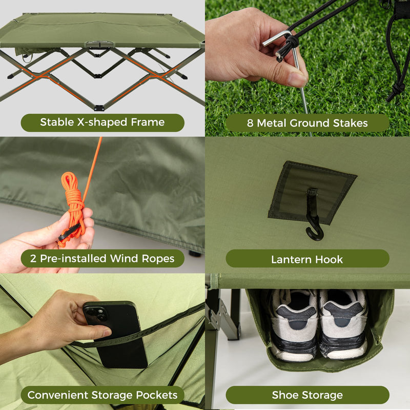 Foldable 2-Person Camping Cot Tent with Pop-up Tent Shelter and Portable Wheeled Bag-Green
