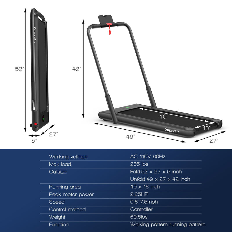 Folding Treadmill 2-in-1 with Remote Control and LED Display-Black