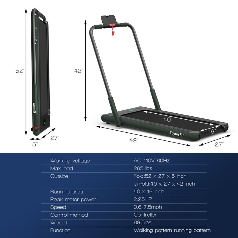 Folding Treadmill 2-in-1 with Remote Control and LED Display-Green