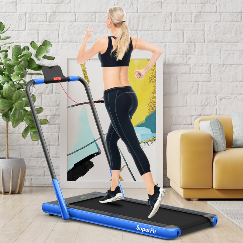 Folding Treadmill 2-in-1 with Remote Control and LED Display-Blue