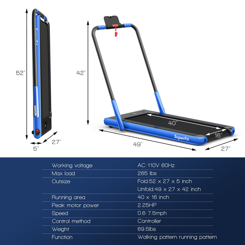 Folding Treadmill 2-in-1 with Remote Control and LED Display-Blue