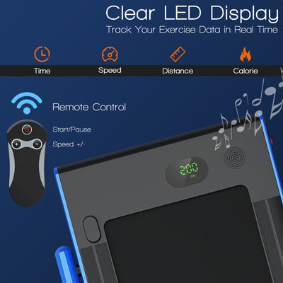 Folding Treadmill 2-in-1 with Remote Control and LED Display-Blue