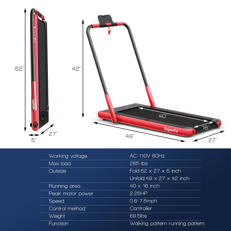 Folding Treadmill 2-in-1 with Remote Control and LED Display-Red