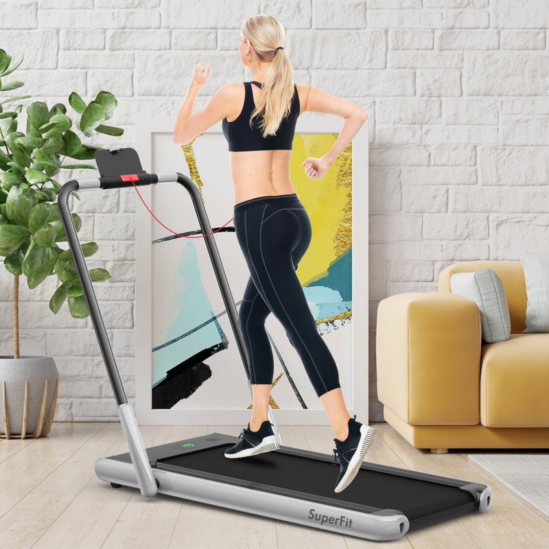 Folding Treadmill 2-in-1 with Remote Control and LED Display-Silver