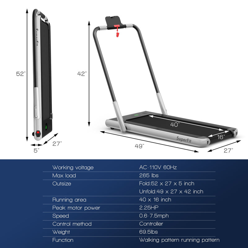 Folding Treadmill 2-in-1 with Remote Control and LED Display-Silver