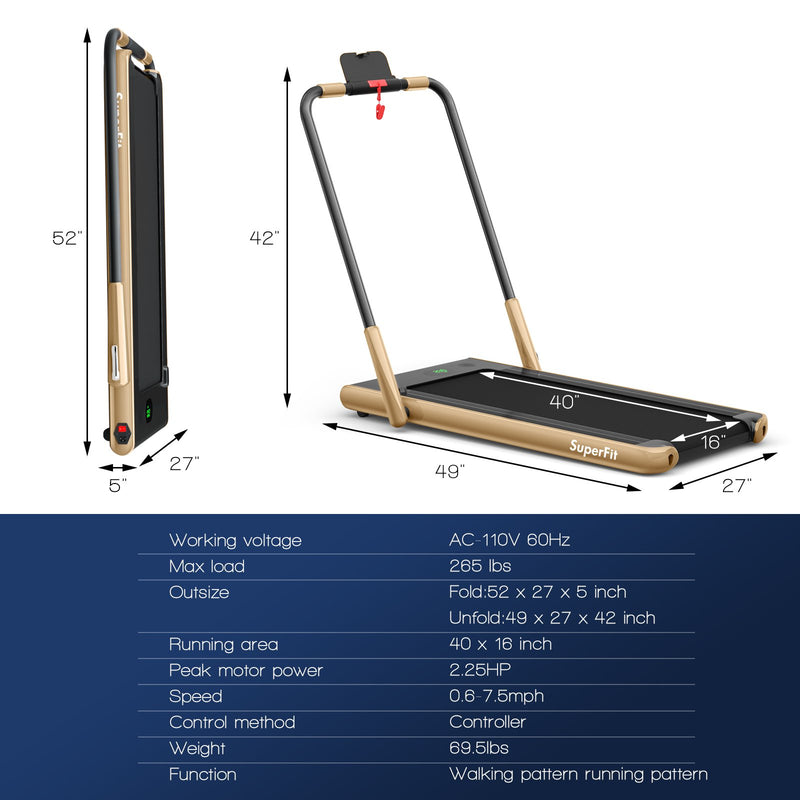 Folding Treadmill 2-in-1 with Remote Control and LED Display-Golden