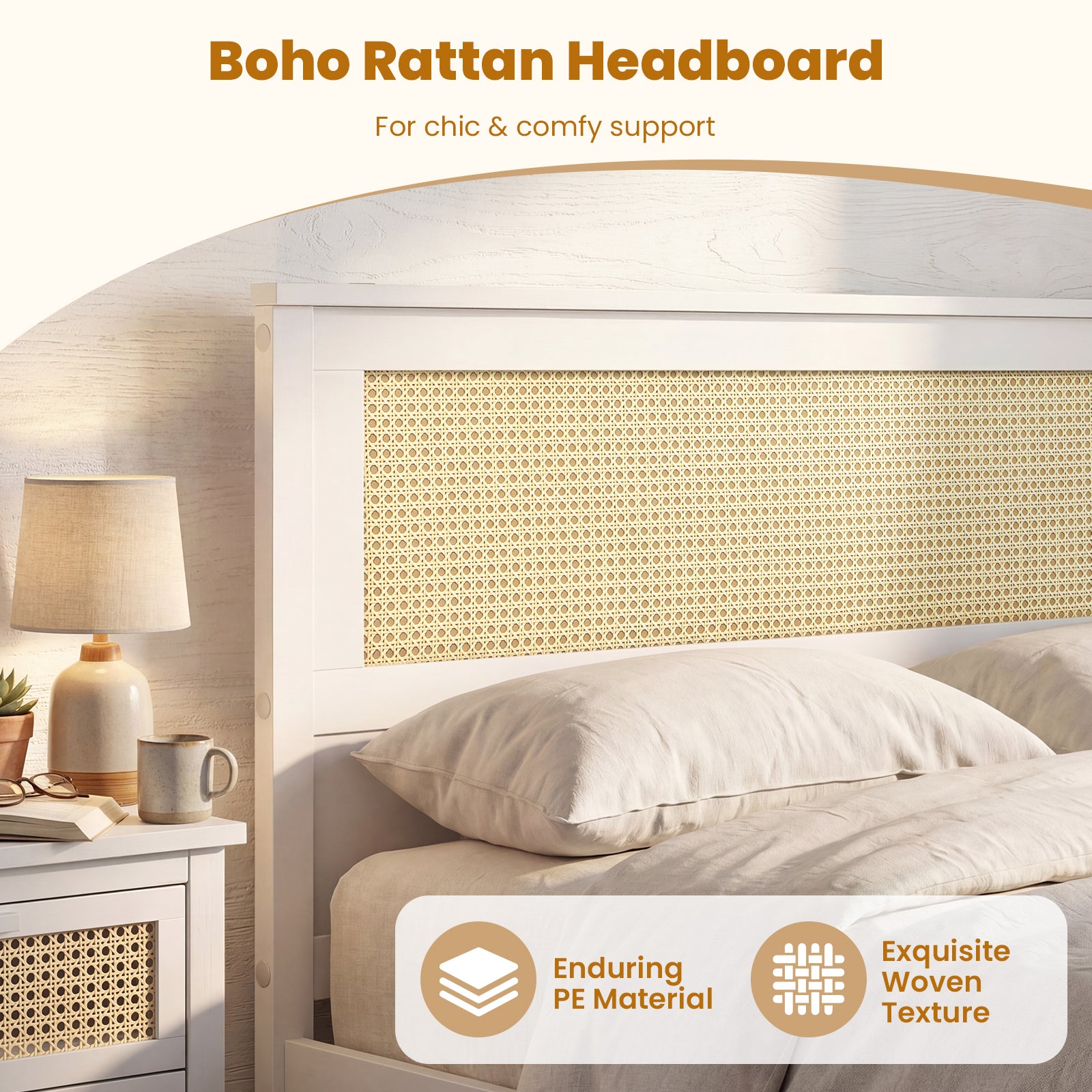 Full Size Rattan Bed Frame with Storage Drawers-White | Relaxacare