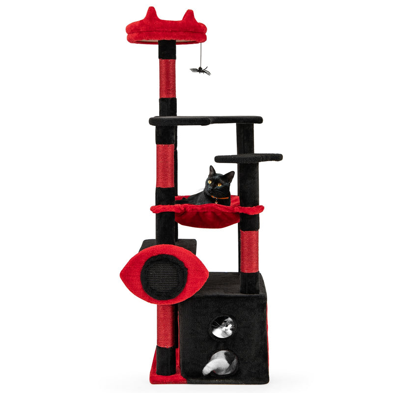 Gothic Cat Tree with Plush Perch and Spider Dangling Toy-Black & Red