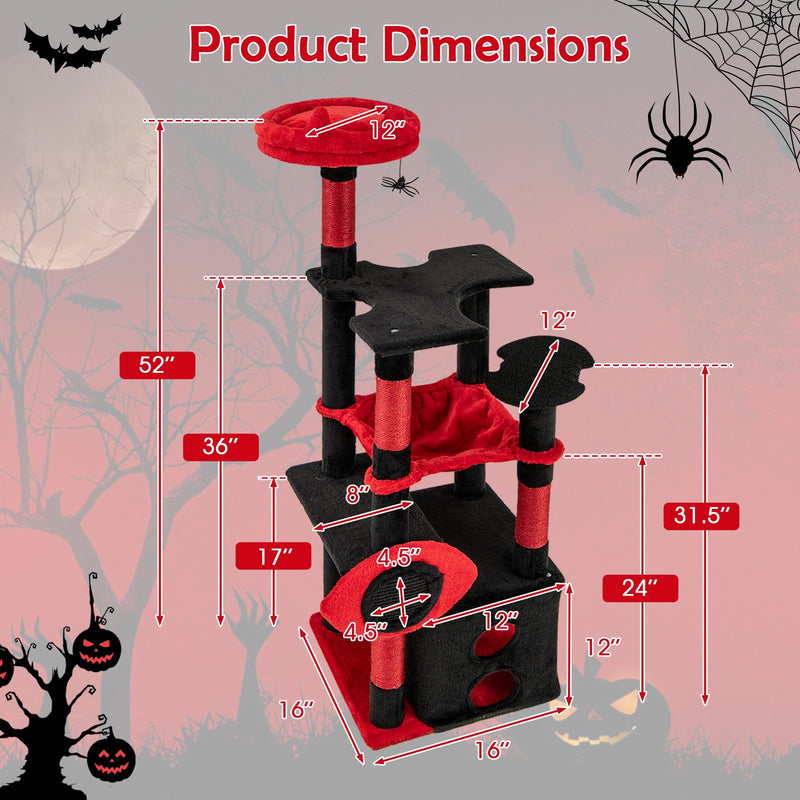 Gothic Cat Tree with Plush Perch and Spider Dangling Toy-Black & Red