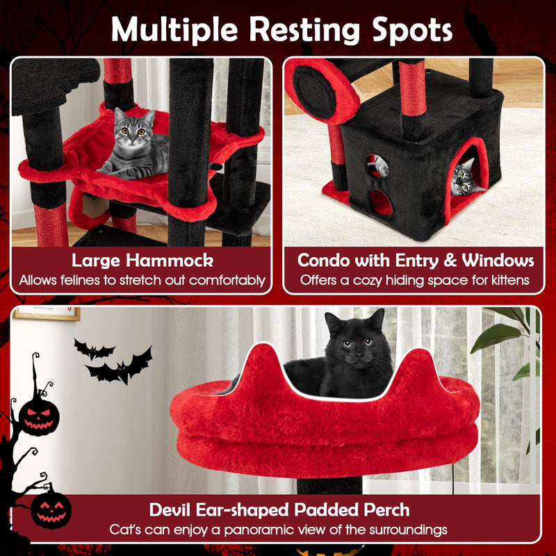 Gothic Cat Tree with Plush Perch and Spider Dangling Toy-Black & Red