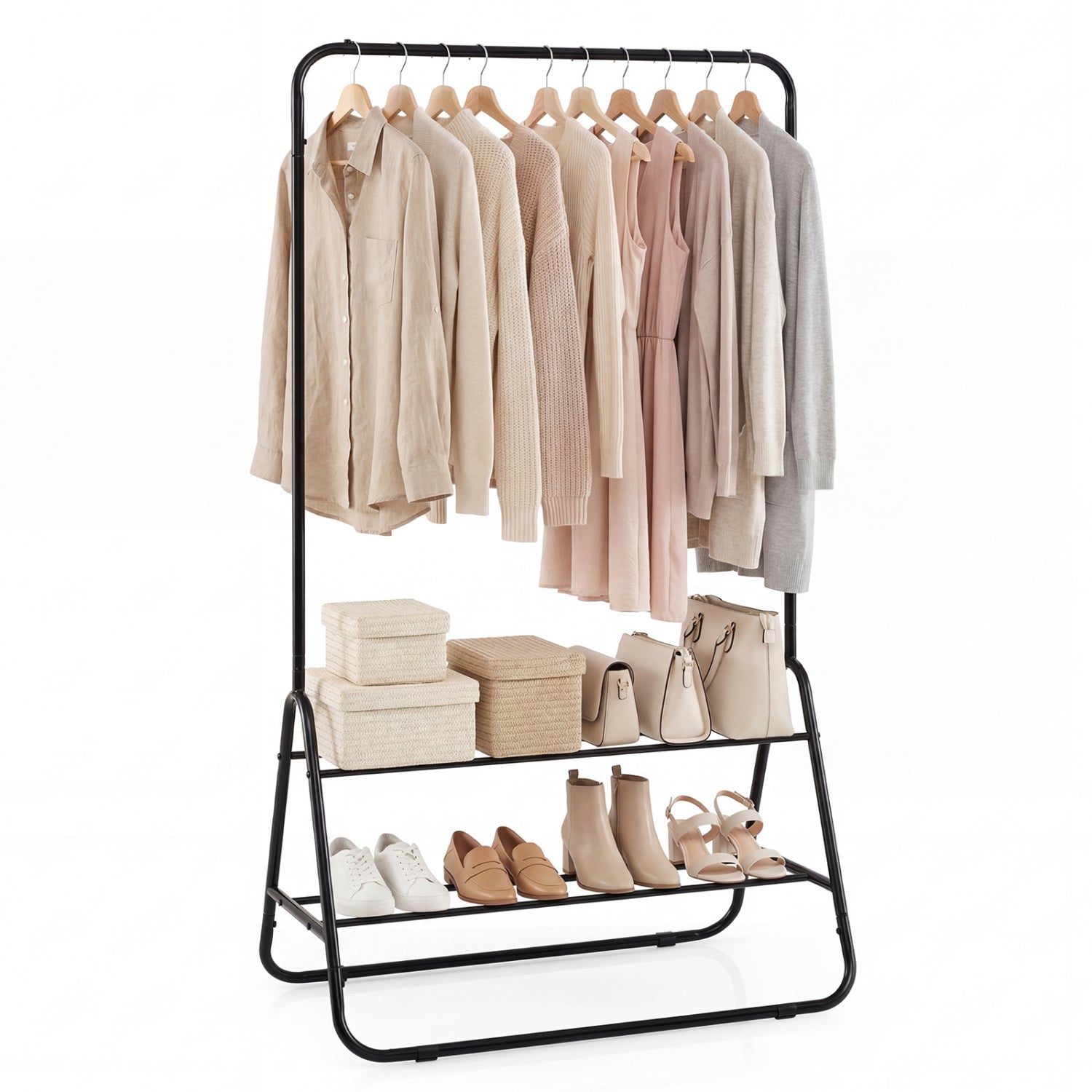Relaxing Rack Heavy Duty Clothes Rack with Hanging Rod and Storage Shelves-Black