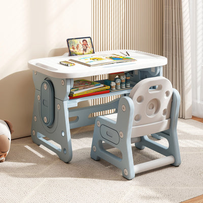 Height Adjustable Kids Table and Chair Set with Tiltable Whiteboard and Concave Shelf-Blue