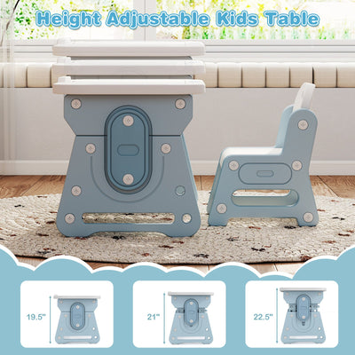 Height Adjustable Kids Table and Chair Set with Tiltable Whiteboard and Concave Shelf-Blue