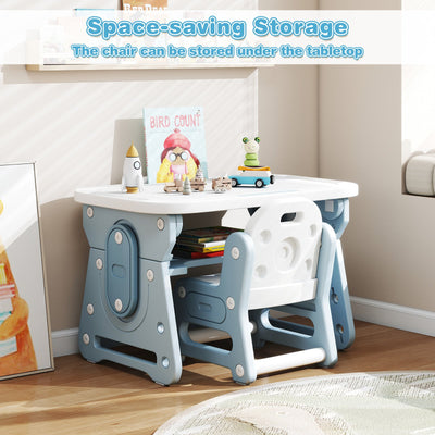 Height Adjustable Kids Table and Chair Set with Tiltable Whiteboard and Concave Shelf-Blue
