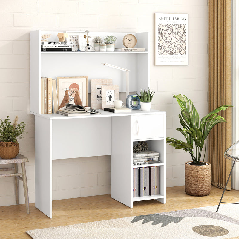 Home Office Desk with Raised Display Shelf and 2 Open Shelves-White